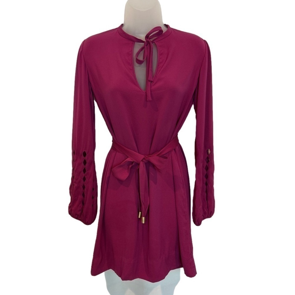 Dvf Fuchsia Slip Dress Lazer Cut Sleeves Belted